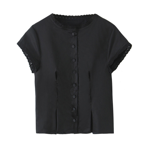 2025 New Sweet Lace Unique Short-Sleeve One-Button Short Top Retro Fitted Mini Shirt