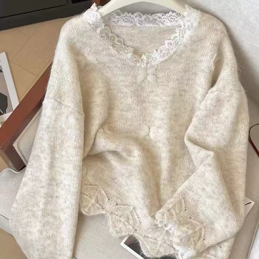 Autumn and Winter Lace Butterfly Knitwear New Design Purple Jacket Stereo Knitwear Loose Slimming Look Top Lazy