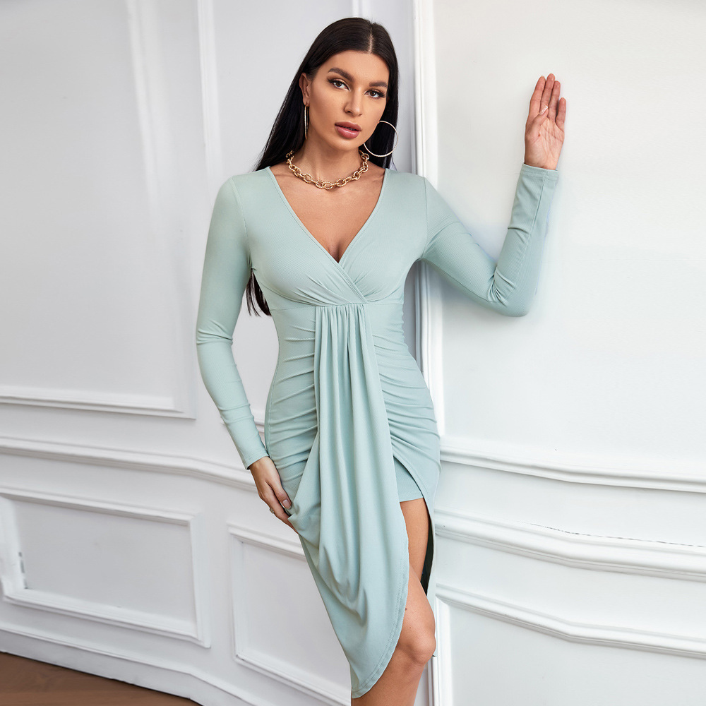 Autumn Winter Casual Elegant Slim Fit Sheath Long Sleeve V neck Knitted Dress