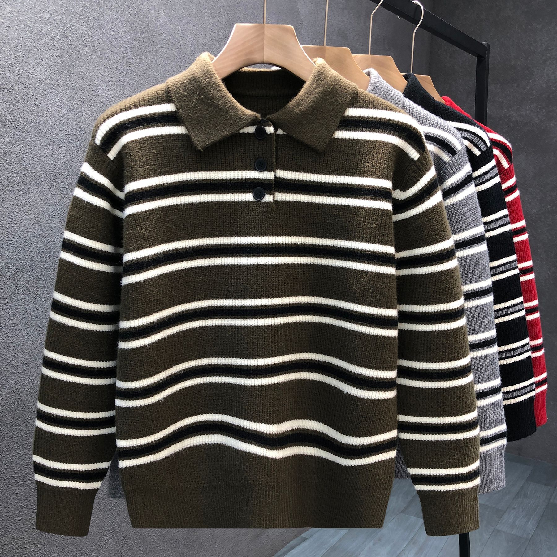 Polo camisa de punto a rayas suéter de hombre suéter de invierno y otoño comercio exterior al por mayor image 3