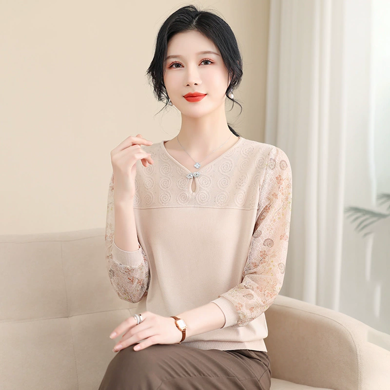 Мама среднего возраста, весна, новый топ, женская тонкая футболка в западном стиле, маленькая рубашка, весна и осень, трикотажная нижняя рубашка с рукавами три четверти, женская