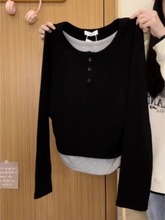 假两件撞色打底单穿上衣女春秋季新款韩版显瘦设计感休闲长袖T恤