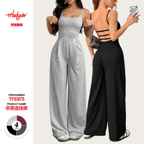 Exclusive for Bestsellers: 2026 New Arrival European and American Style Summer Solid-Color Women's Loose Jumpsuit with Straps