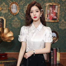 跨境货源2024年夏季新中式改良娃娃领短袖修身显瘦雪纺衬衫女上衣