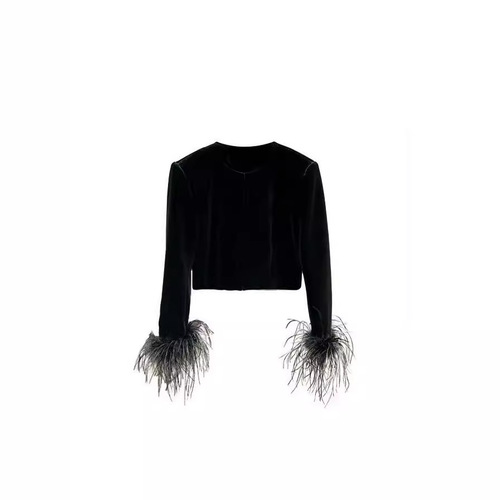 YIMENG 2023 Autumn Round Neck Long Sleeve Ostrich Feather Decorated Velvet Top Temperament Little Women Short Jacket