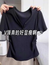 大码不规则短袖正肩女t恤夏季上衣胖mm显瘦收腰褶皱别致小衫
