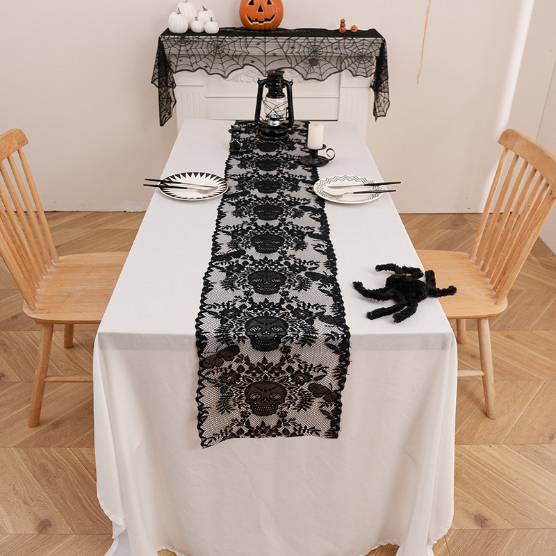 新型の黒いレースの組み合わせハロウィーンのテーブル旗ハロウィーンのスカルのテーブル旗の鬼節の装飾の布は透かしを編みます。|undefined