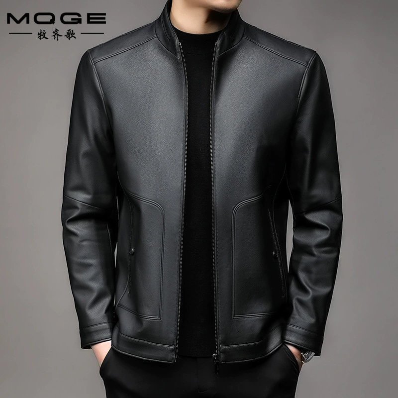 Мужская кожаная куртка с воротником-стойкой, новая коллекция осень-зима, в стиле «папиных» курток, деловая повседневная, на флисовой подкладке