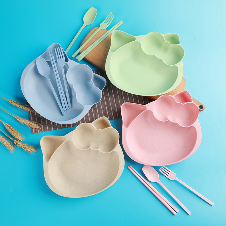 Wholesale kindergarten baby split fast food plate meal bowl wheat straw children's tableware set gift four-piece set Wholesale kindergarten baby split fast food plate meal bowl wheat straw children's tableware set gift four-piece set