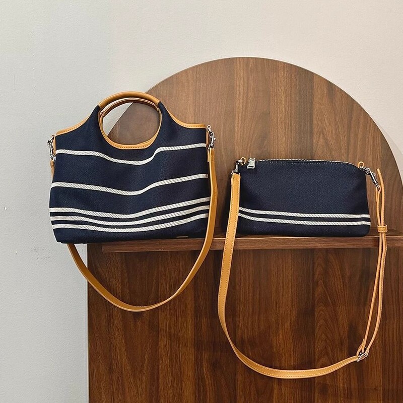 Explosive Denim Striped Handbag Women's 2024 New Fashion Shoulder Underarm Bag Contrast Casual Crossbody Bag