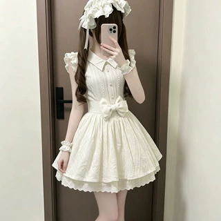 跨境甜美蕾丝拼接杏色公主风旅游翻领连衣裙女夏蝴蝶结短款公主裙