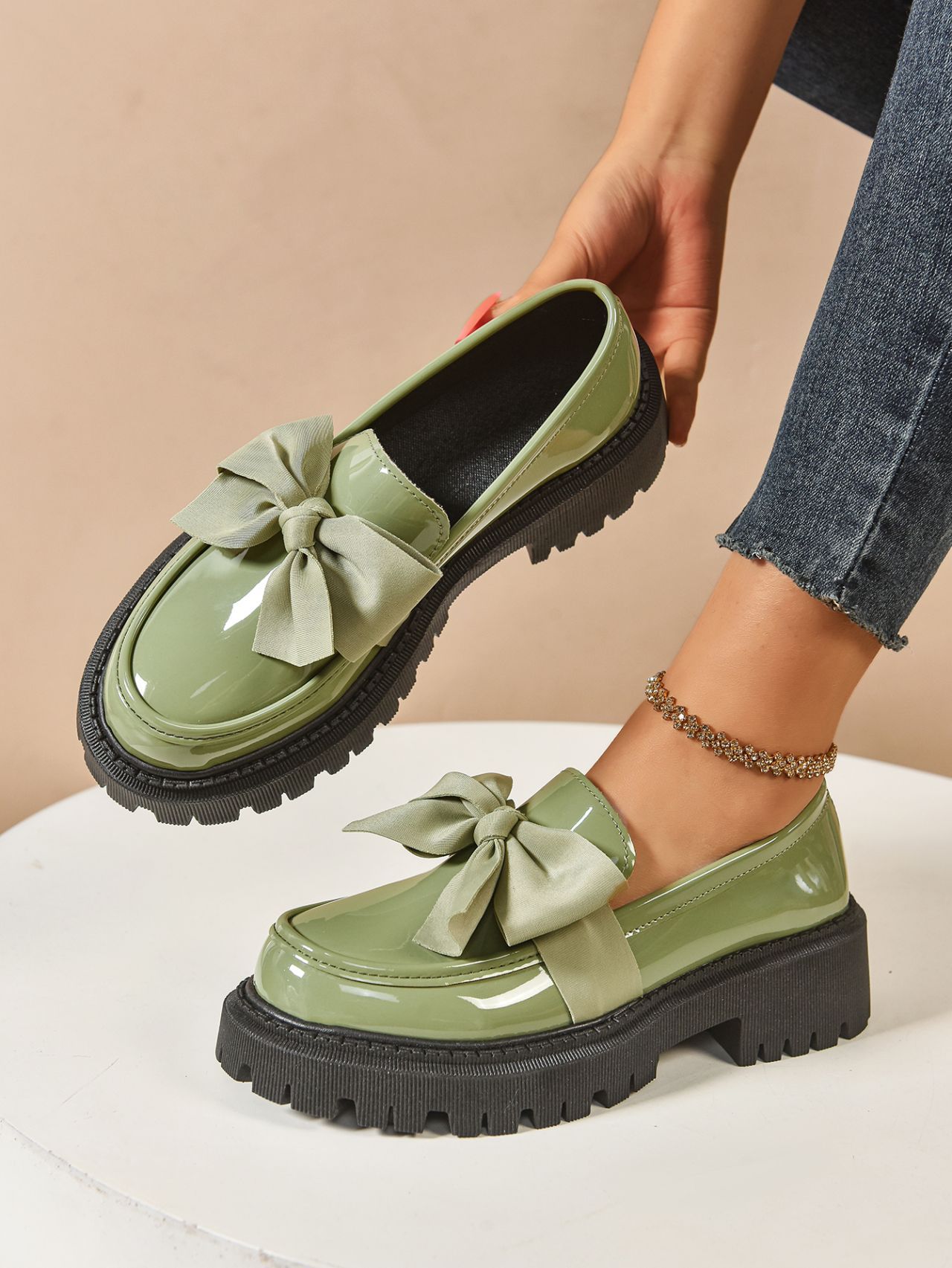Women's Plus Size Bow Tie Platform Loafers For Autumn Leather_voghion.com