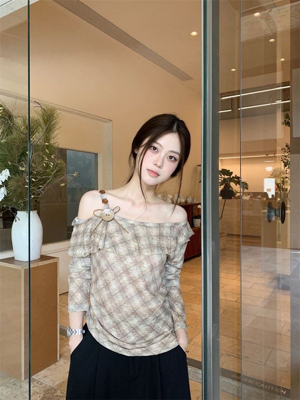 早秋季新款一字肩小衫设计感小心机斜肩修身格子长袖t恤女装上衣|undefined