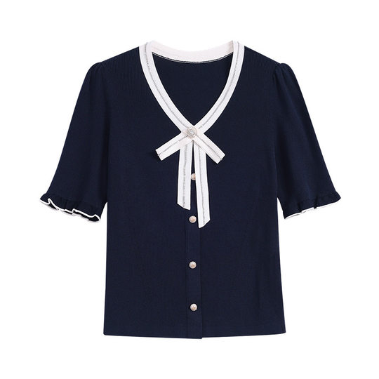 Designed V-Neck Bow Short-Sleeved Navy Blue Knitwear for Women 2025 Summer New Small Ice Silk Top