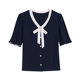 Designed V-Neck Bow Short-Sleeved Navy Blue Knitwear for Women 2025 Summer New Small Ice Silk Top
