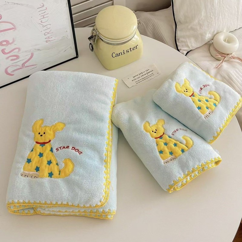 New Small Yellow Dog Bath Towel Towel Hair Dried Hat Three-piece Set Coral Fleece Absorbent Hair-free Household Student Bath Towel