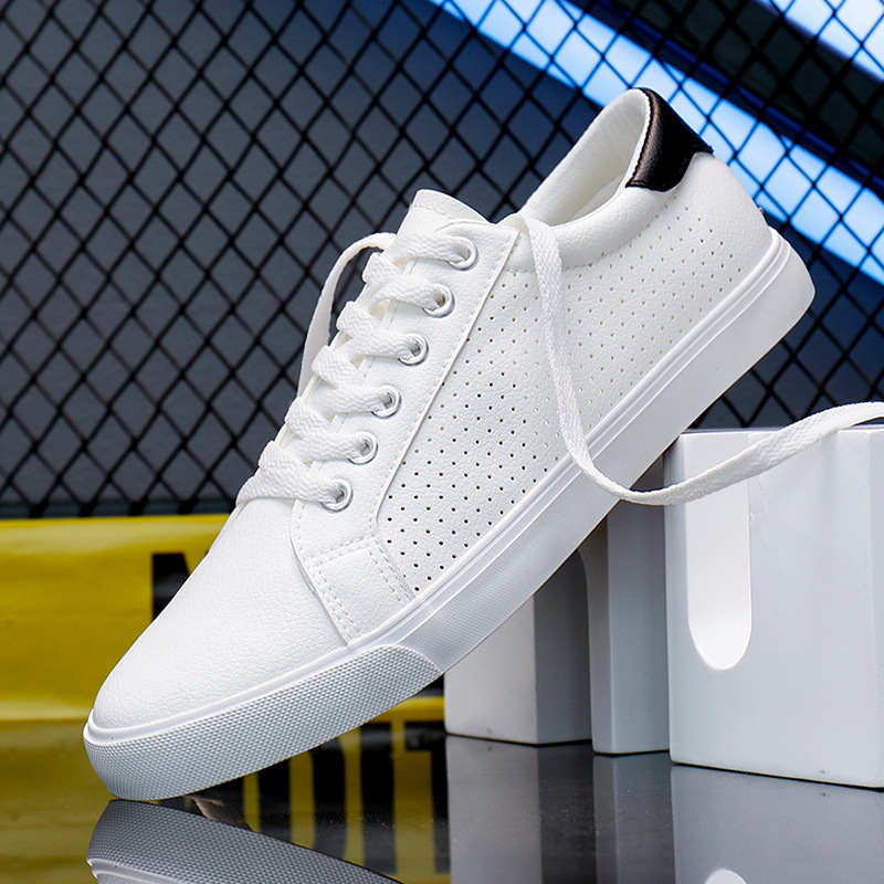 Caoutchouc petit blanc nouveaux trous de maille en cuir décontracté, à lacets d'été, chaussures de sport à fond plat pour étudiants, pour hommes_voghion.com