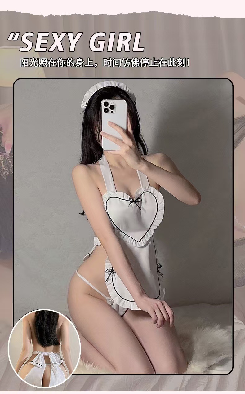 Japanese Maid Roleplay Lingerie Set with Fishnet Stockings, Polyester Uniform Pajamas — detail image 7