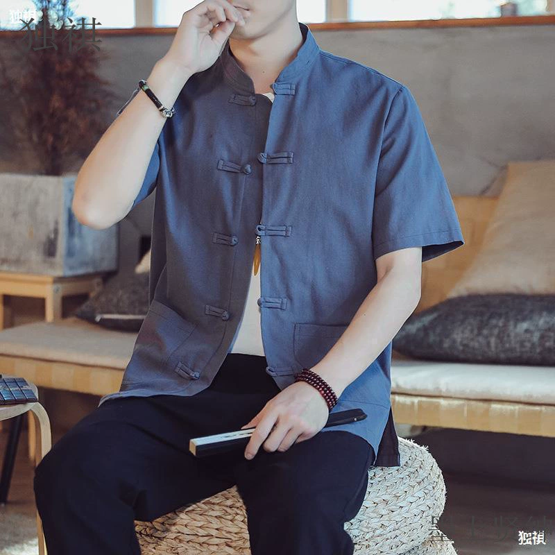 Китайский стиль мужской костюм льняная рубашка с короткими рукавами