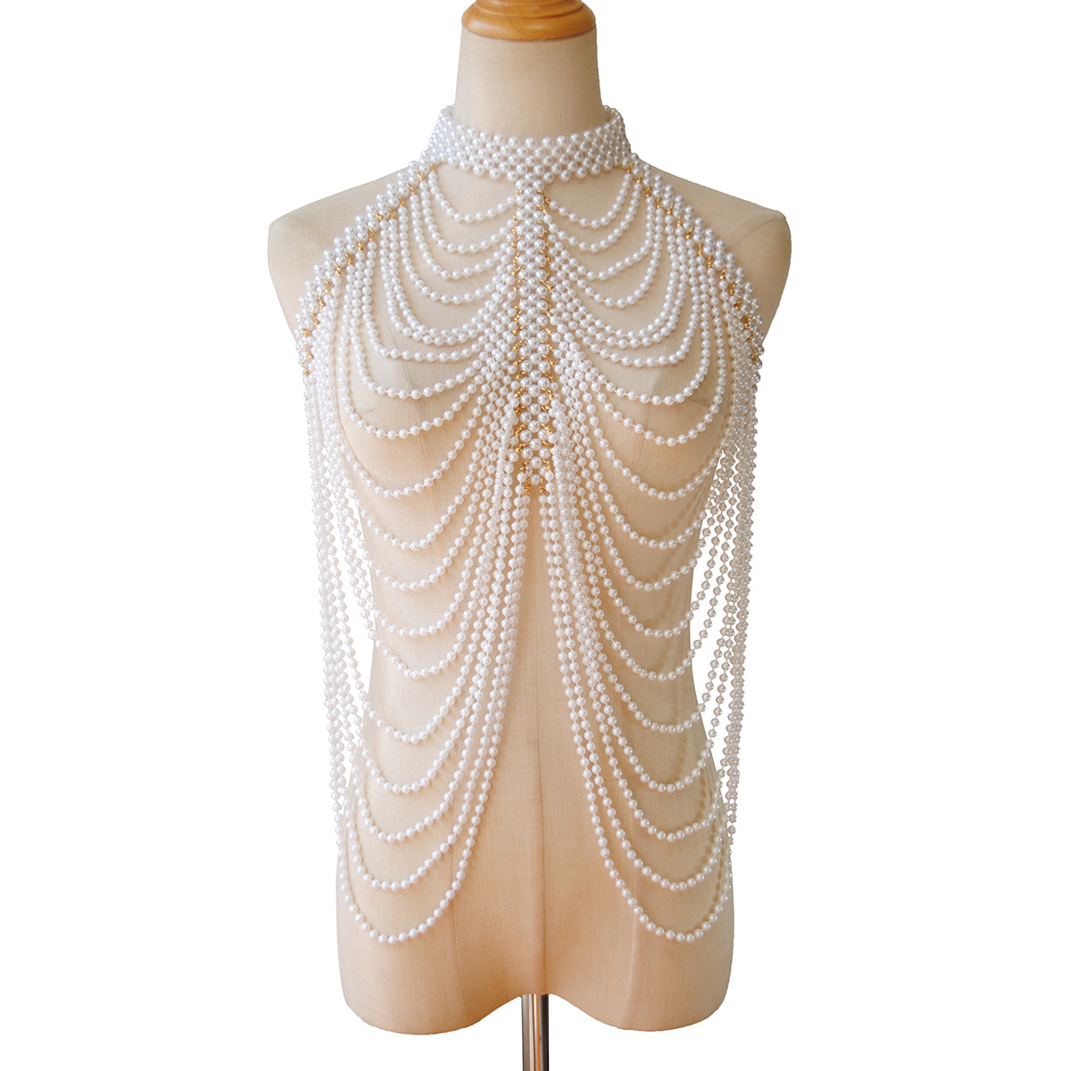 Joyas transfronterizas europeas y americanas, cadena de pecho de perla de imitación tejida a mano, decoración de pecho femenino, borla, collar multicapa, cadena de cuerpo de aleación