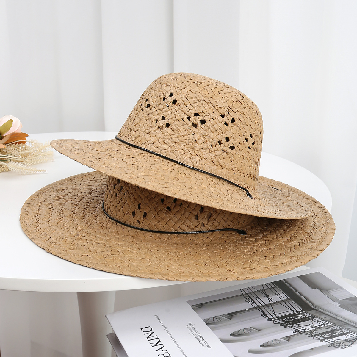 Sombrero de Paja Infantil para Sol de Tejido de Paja, Calado con Cordón para Playa