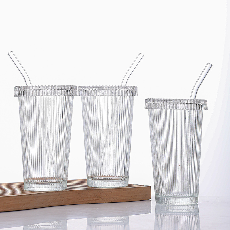Vaso de vidrio con rayas, con tapa y pajita, para café/cóctel - Mayorista