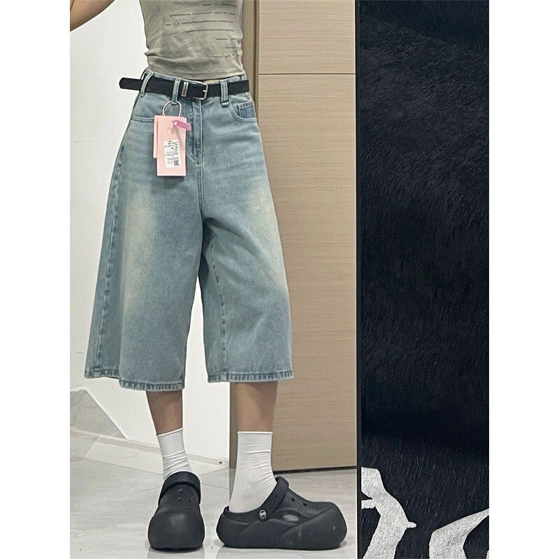 Plus Size Light Blue Cropped Wide-Leg Jeans for Women, Summer Thin High-Waisted Loose Straight-Leg Mid-Length Pants for Curvy Figures