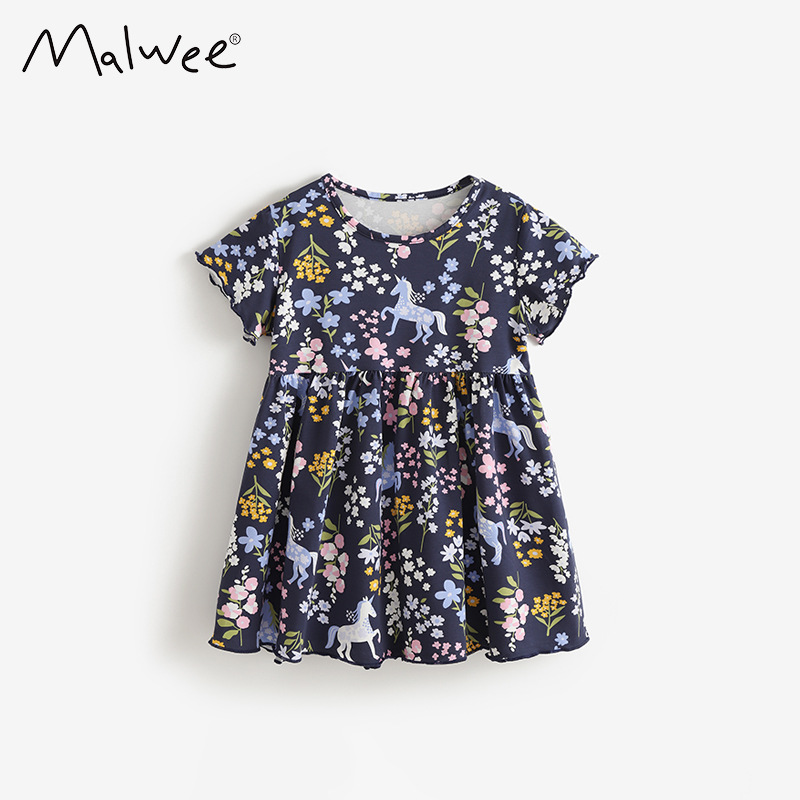 Malwee transfronterizo vestido de princesa de niña nuevo estilo lindo vestido de verano de niña de cuello redondo de manga corta vestido de niños europeos y estadounidenses