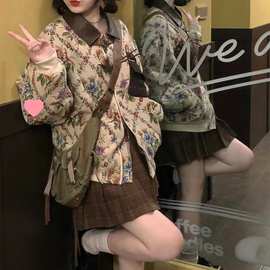美拉德复古牛角爱心皮扣碎花夹棉棉服外套冬