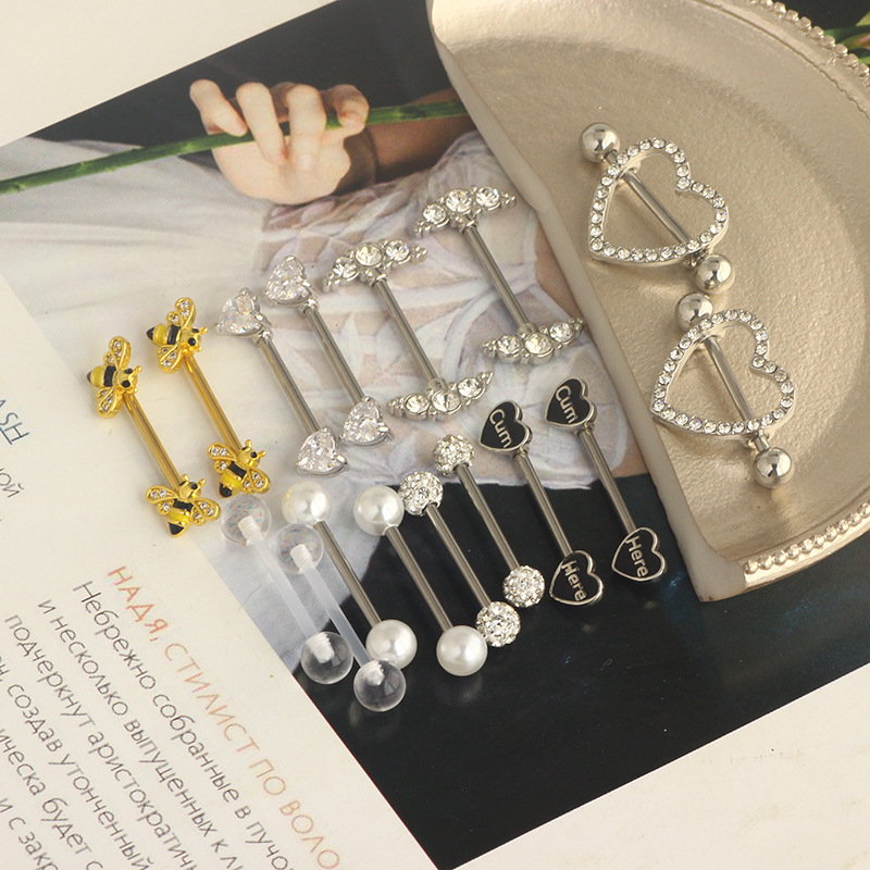 Stainless Steel Zircon Nipple Ring Set - 9 Pairs Nipple Piercing Jewelry with Tongue Nail Nails, Popular Body Piercing Set detail image 5