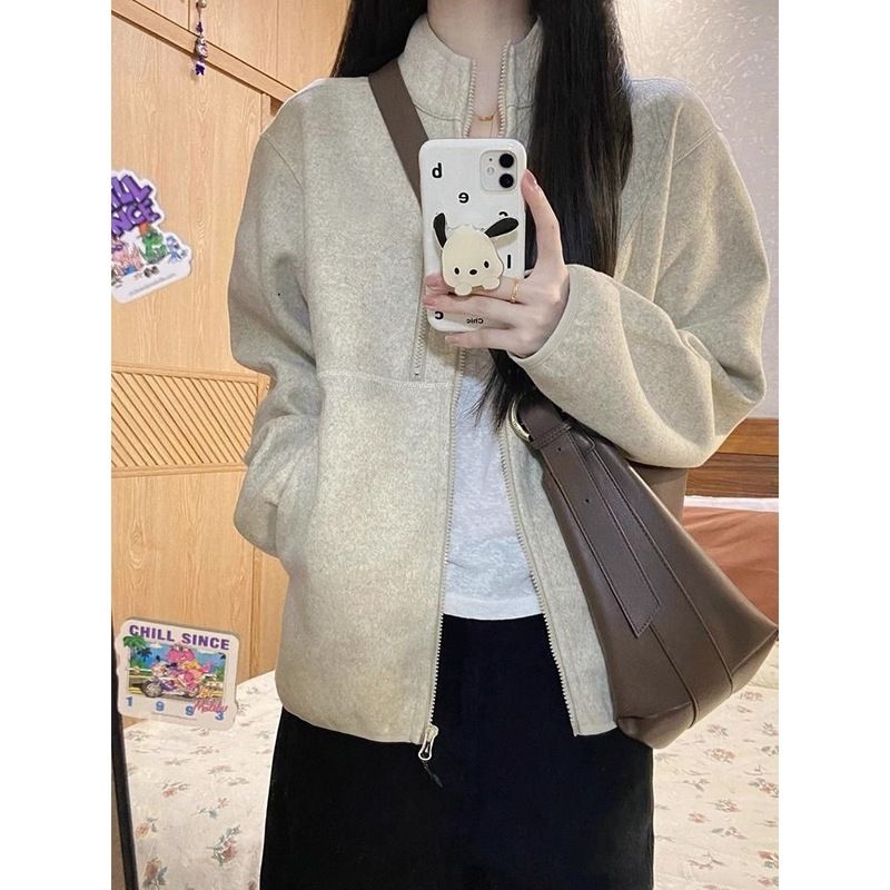 新款秋季新款外套女美式复古宽松休闲百搭立领夹克卫衣开衫|undefined