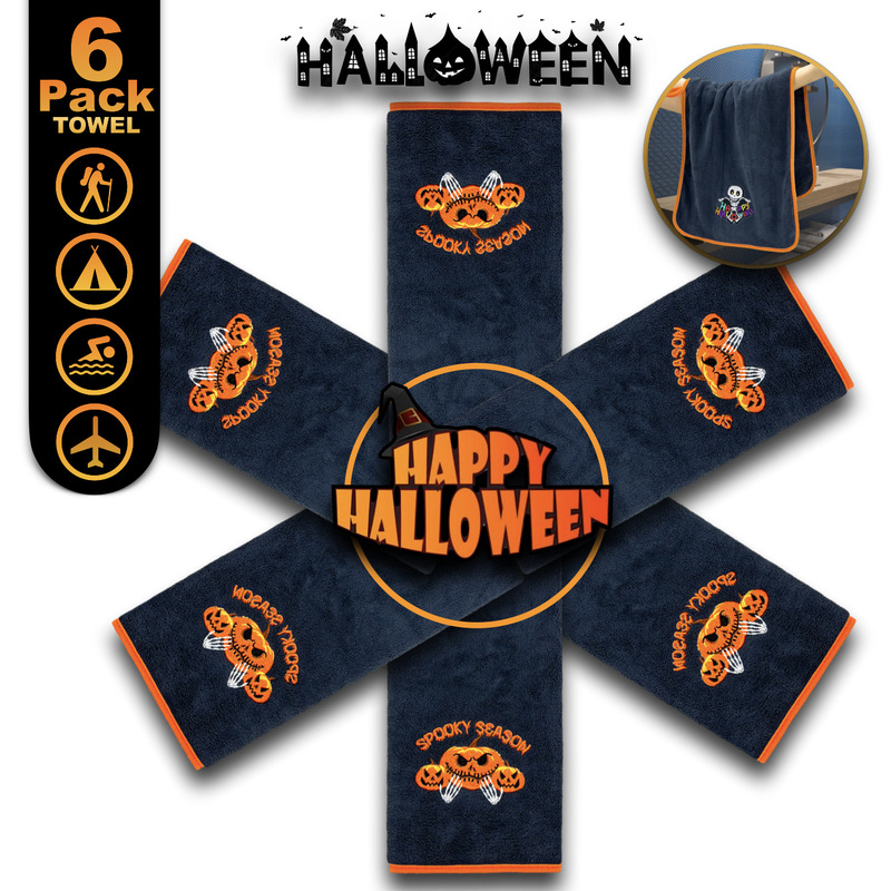 Thickened Coral Fleece Towel 6 Pack Halloween Embroidered Edge Dry Hair Towel Thickened Soft Absorbent Cross-border Supply