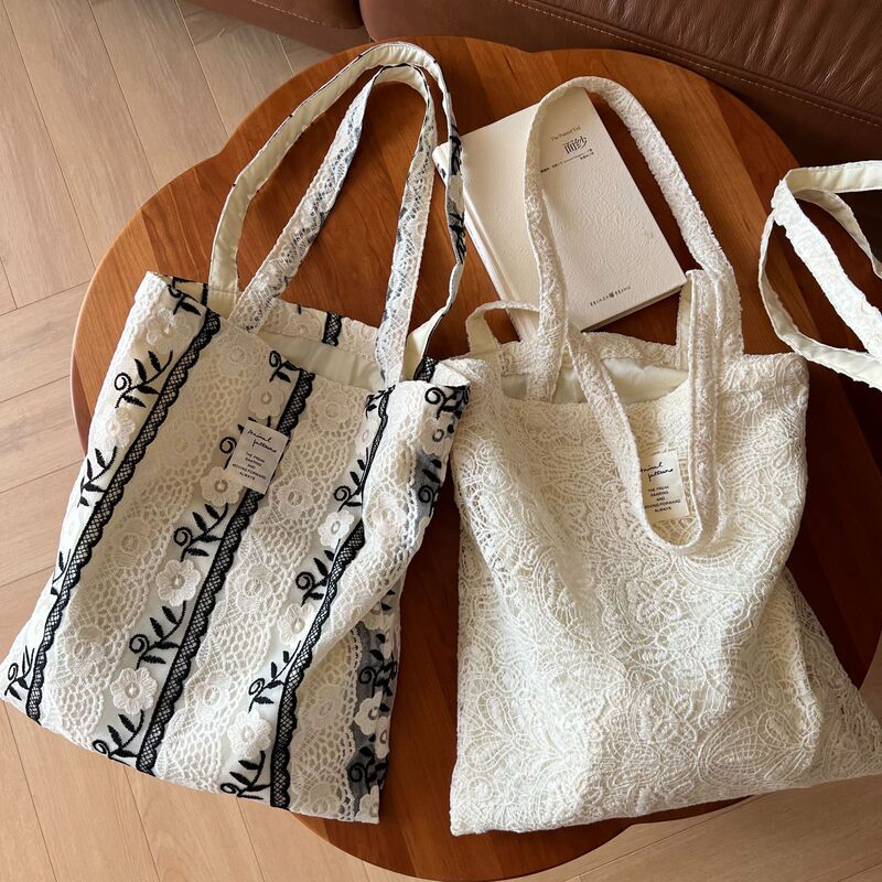 [Suxi 布バッグ] レース刺繍メッシュキャンバスバッグフレンチ文学シンプルロマンチックガールズショルダーコットンバッグ|undefined