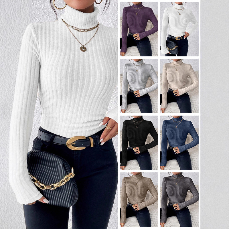 2023 Autumn and Winter Amazon Cross-Border High Collar V Neck Long-Sleeved Brushed Pit Strip Knitted T-Shirt Top 2023 Autumn and Winter Amazon Cross-Border High Collar V Neck Long-Sleeved Brushed Pit Strip Knitted T-Shirt Top