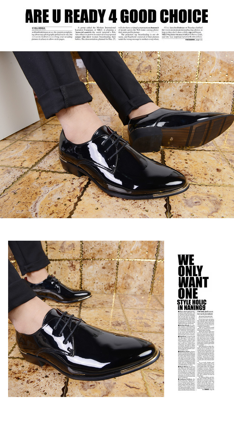 Pointed Toe retro British men's business casual leather shoes Korean patent leather men's lace-up leather shoes plus size men's shoes 48_vogvips.com