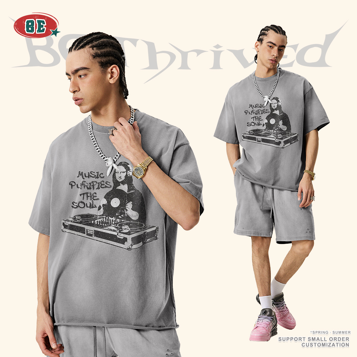 BE ropa de hombre | 2025 verano americano retro parodia impresión camiseta de manga corta de media manga camiseta suelta hombre