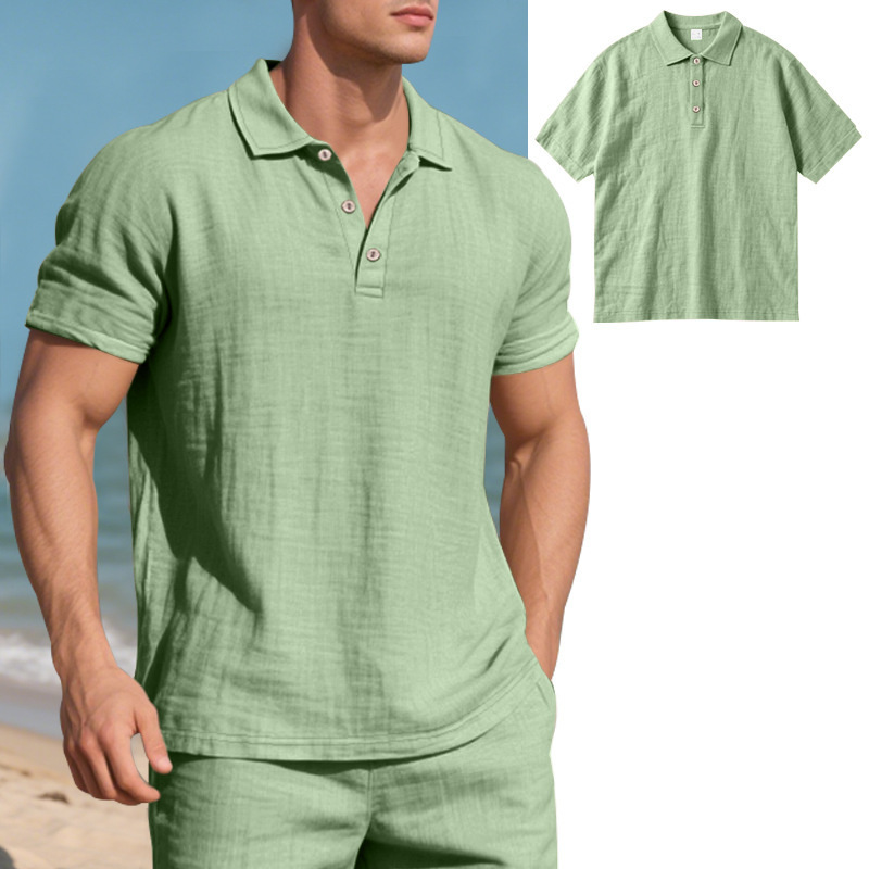 Transfronterizos Europa y América de verano hombre estilo británico suelto tendencia transpirable lino casual con solapa abrazadera camisa polo mangas cortas