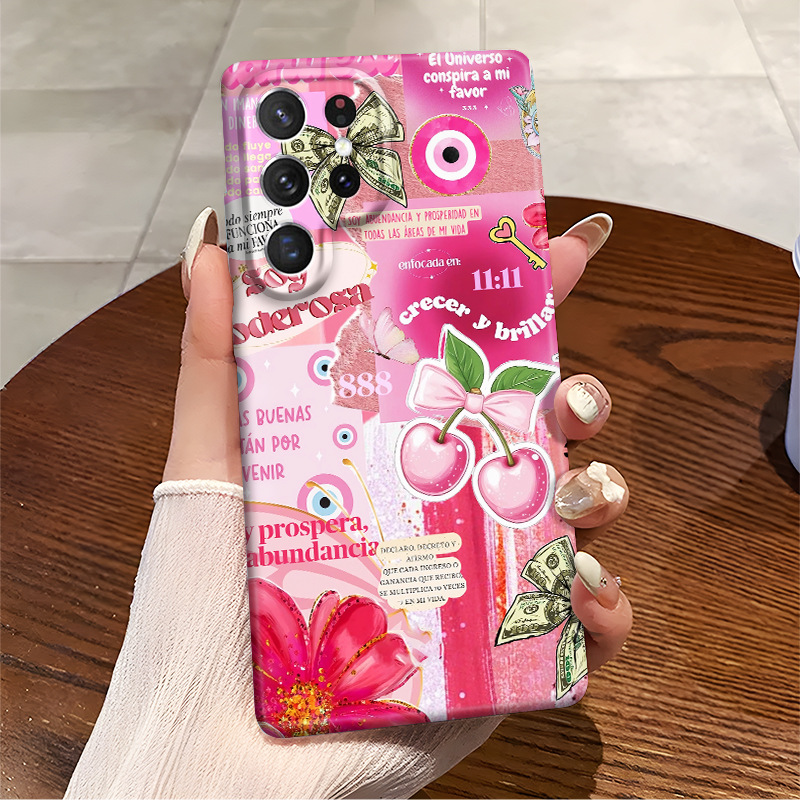 跨境专供粉色樱桃适用GalaxyS25/S24U菲林壳S23全包镜S22耐磨耐摔