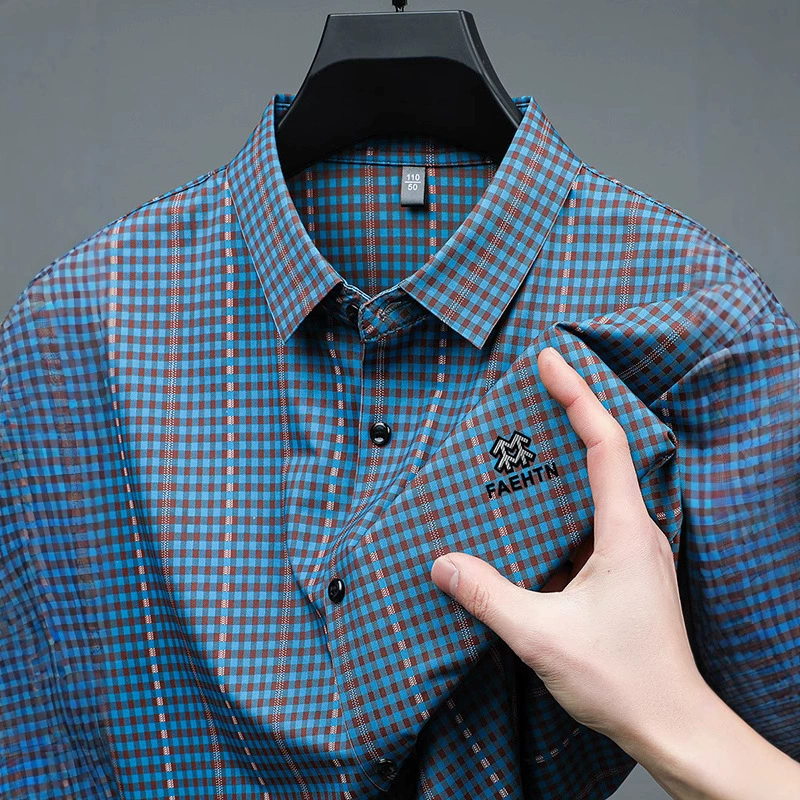 Рубашка из ледяного шелка с короткими рукавами, мужская летняя новая стильная повседневная модная клетчатая рубашка с лацканами для молодежи и среднего возраста, модная мужская короткая рубашка