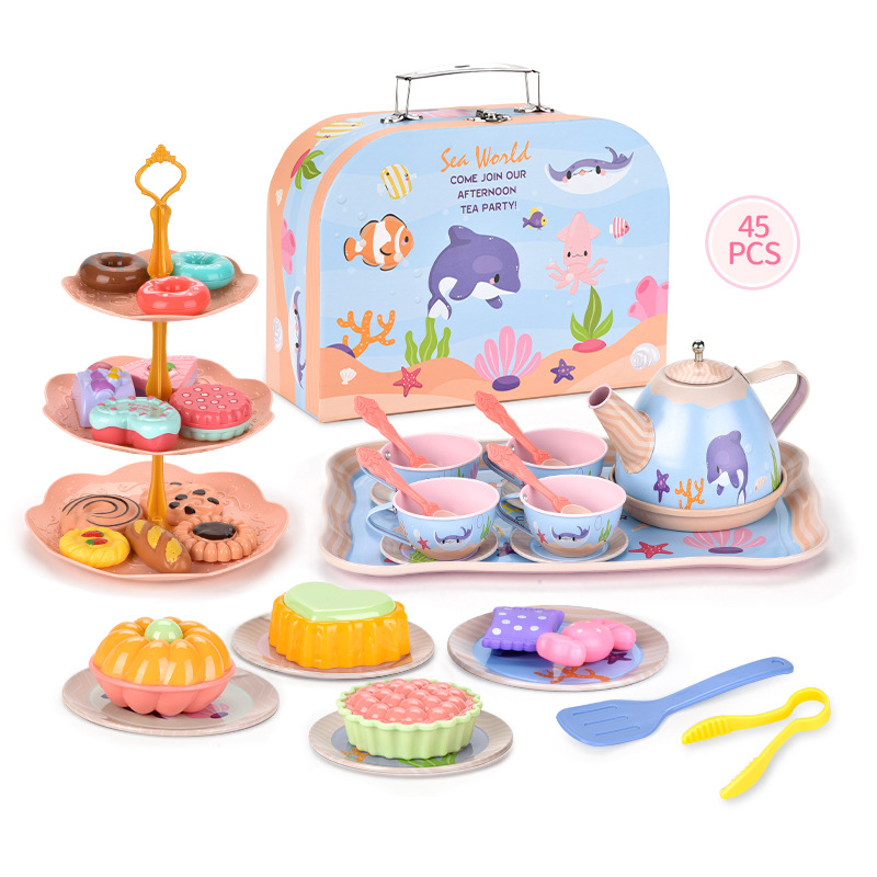 Transfronterizo juego casa simulación comida postre pastel café hojalata té tarde té niños dinosaurio regalo portátil