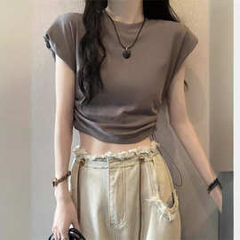 收腰显瘦气质减龄上衣夏季薄款法式圆领短袖飞飞袖抽褶设计感上衣