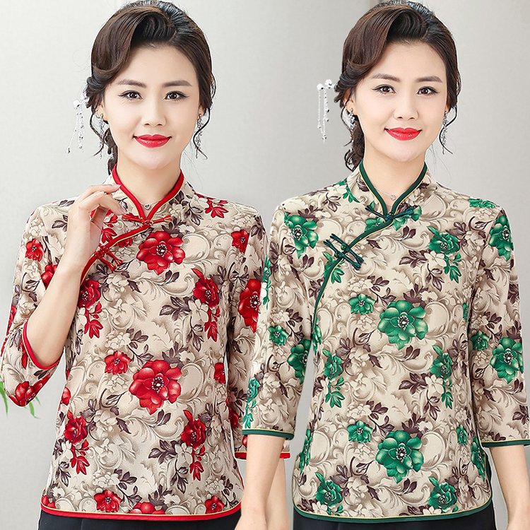 中年妈妈春夏季七分袖旗袍上衣薄款中老年女装新中式洋气中袖唐装