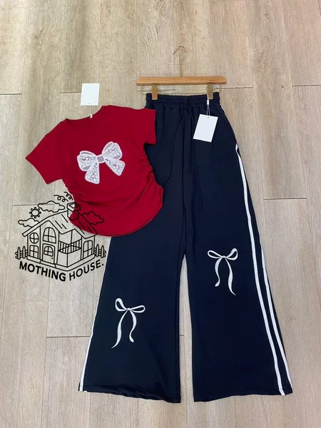 Korean-style Fashionable suit Women's Summer New Arrival Bow Printed Design Short-sleeved High Waist Wide-leg Trendy Two-piece Pants