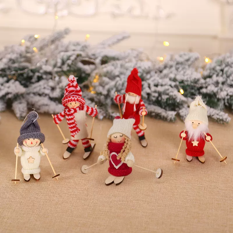 圣诞节装饰品创意圣诞摆件木质滑雪玩偶公仔圣诞树挂件迷你小玩偶