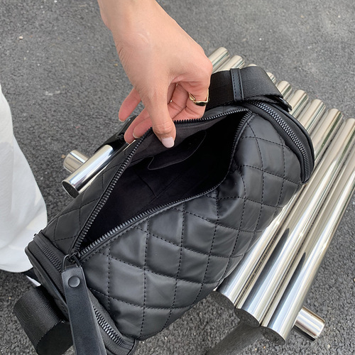 Jiago Autumn/Winter New Single Shoulder Round Tube Bag Casual Herringbone Oxford Cloth Crossbody Bag Wide Strap Embroidered Grid Commute Bag Trendy