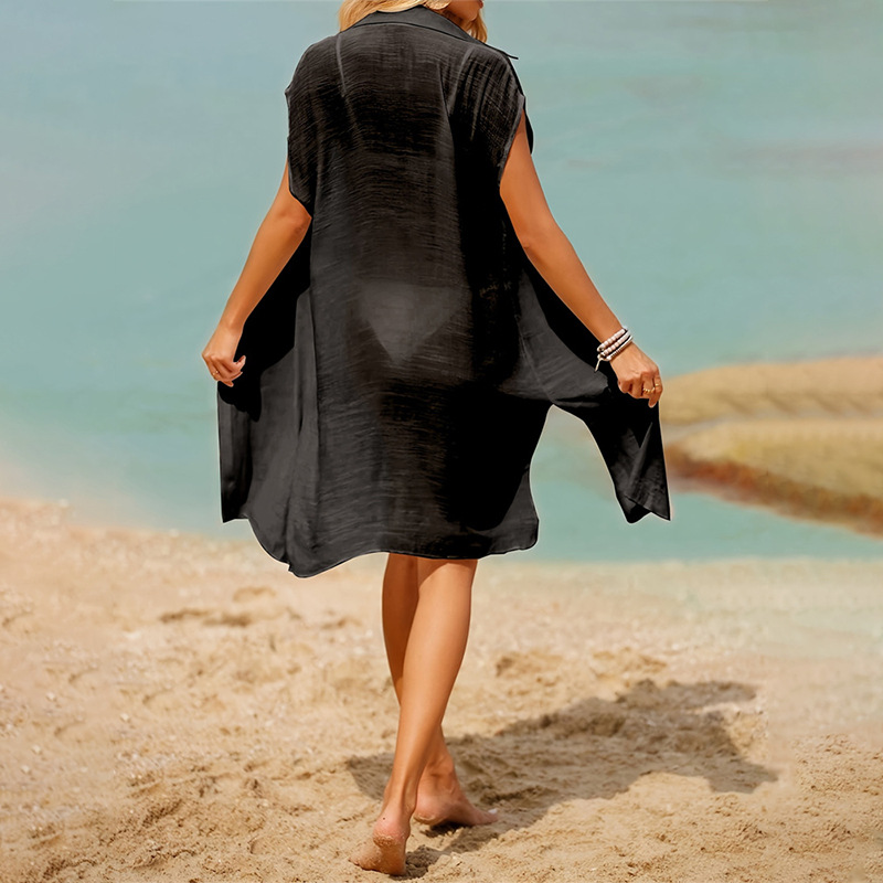 Women Clothing Solid Color Long Sleeveless High Slit See through Beach Sun Protection Shirt Loose Shirt Women Overall Top for Women