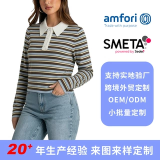 工厂定制跨境外贸欧美学院复古少女风撞色条纹POLO翻领针织衫毛衣