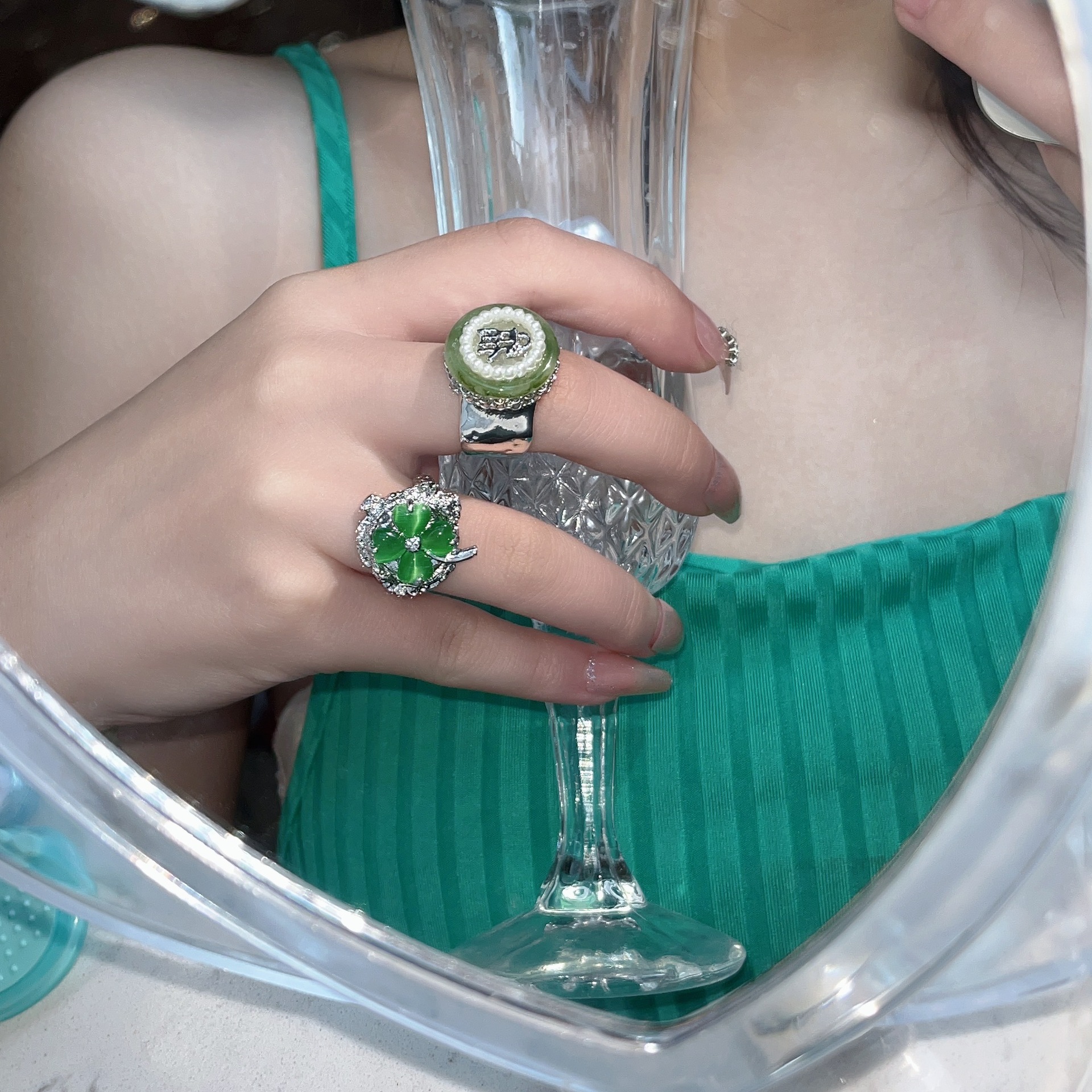 Chinoiserie Four Leaf Clover Flower Alloy Plating Inlay Pearl Open Ring