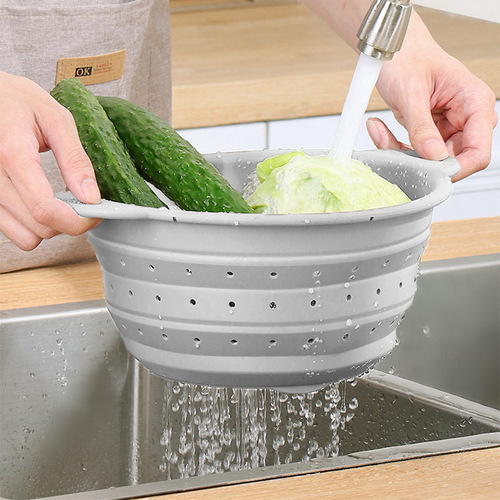Kitchen tools round retractable silicone folding drain basket household drain basket vegetable and fruit drain basket