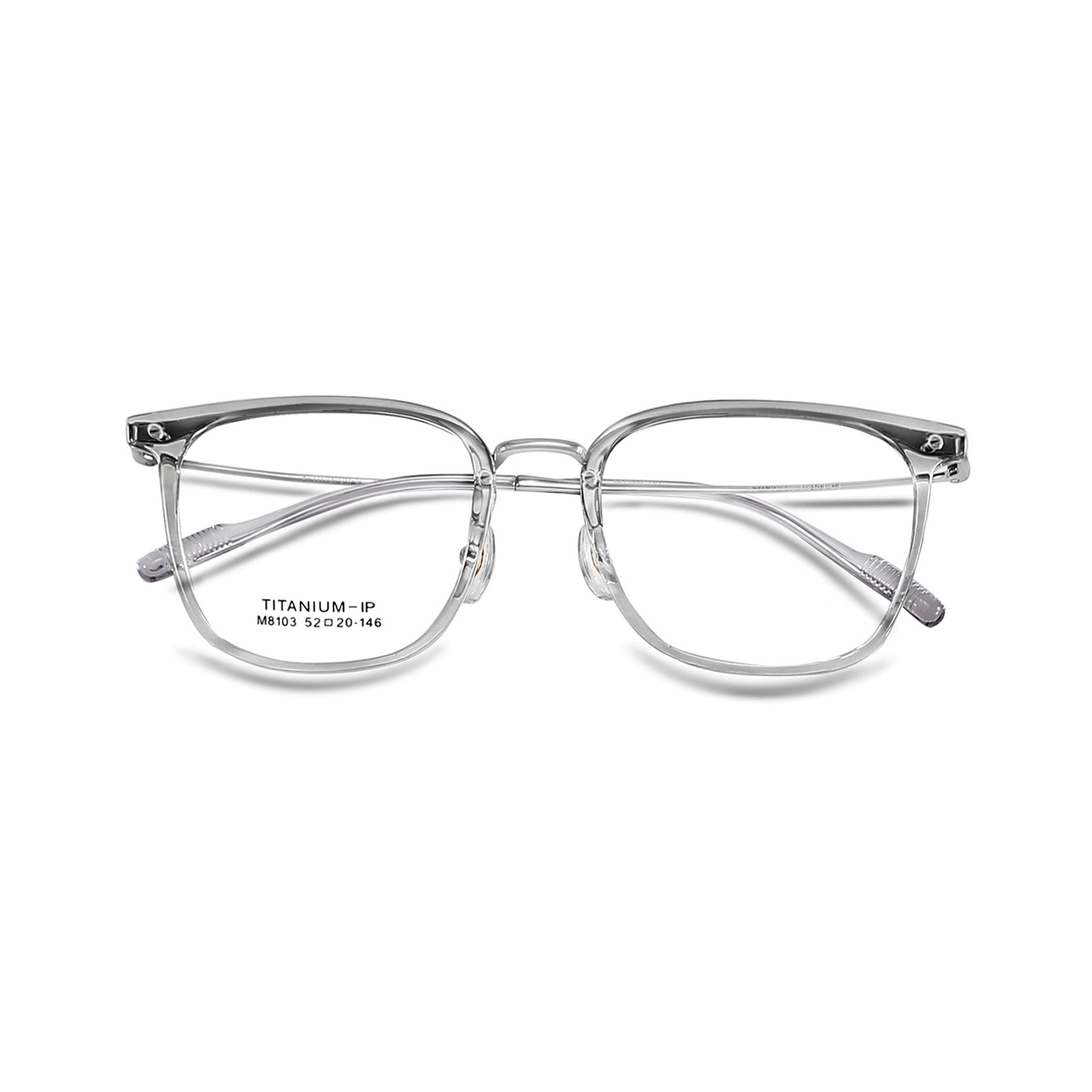 Montura de titanio de miopía transparente, montura de gafas, gris claro, blanco bajo, pierna de titanio flexible IP, gafas